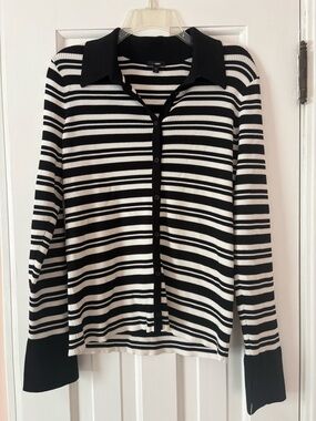 Express Black and White Striped Knit Button-Up Top